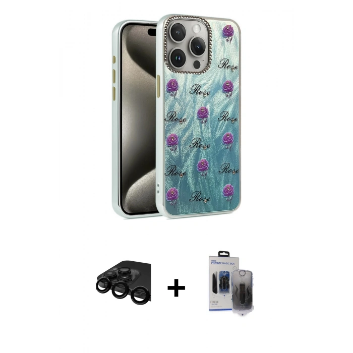 MARSİLYAN™- iPhone 15 Pro Max Kılıf Zirve Modern Prime - Siyah Vanessa Magic Hayalet Cam + Raze Metal Kamera Lens - SH