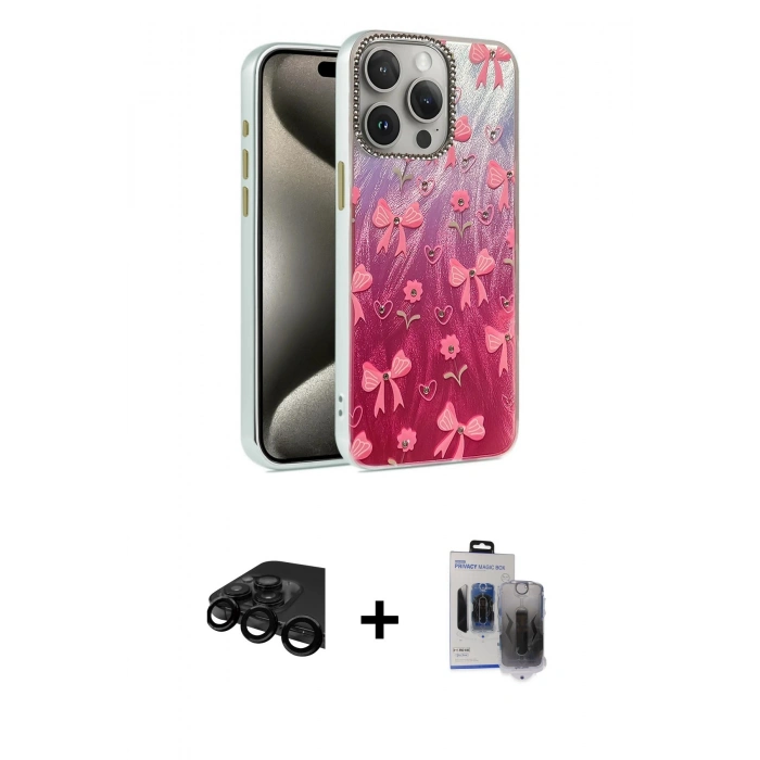 MARSİLYAN™- iPhone 15 Pro Max Kılıf Zirve Modern Prime - Siyah Vanessa Magic Hayalet Cam + Raze Metal Kamera Lens - SH