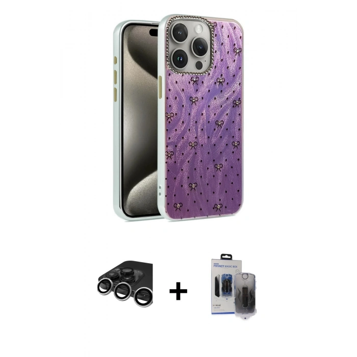 MARSİLYAN™- iPhone 15 Pro Max Kılıf Zirve Modern Prime - Siyah Vanessa Magic Hayalet Cam + Raze Metal Kamera Lens - GS