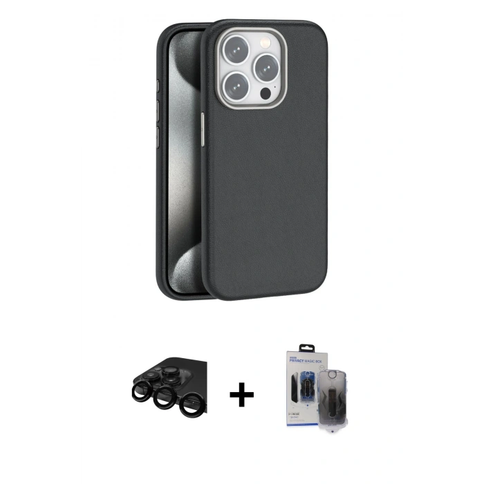 MARSİLYAN™- iPhone 15 Pro Max Kılıf Zirve Modern Prime - Siyah Vanessa Magic Hayalet Cam + Raze Metal Kamera Lens - SH