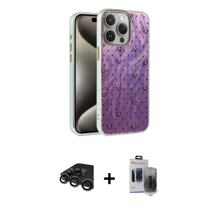 MARSİLYAN™- iPhone 15 Pro Max Kılıf Zirve Modern Prime - Siyah Vanessa Magic Hayalet Cam + Raze Metal Kamera Lens - TMGI