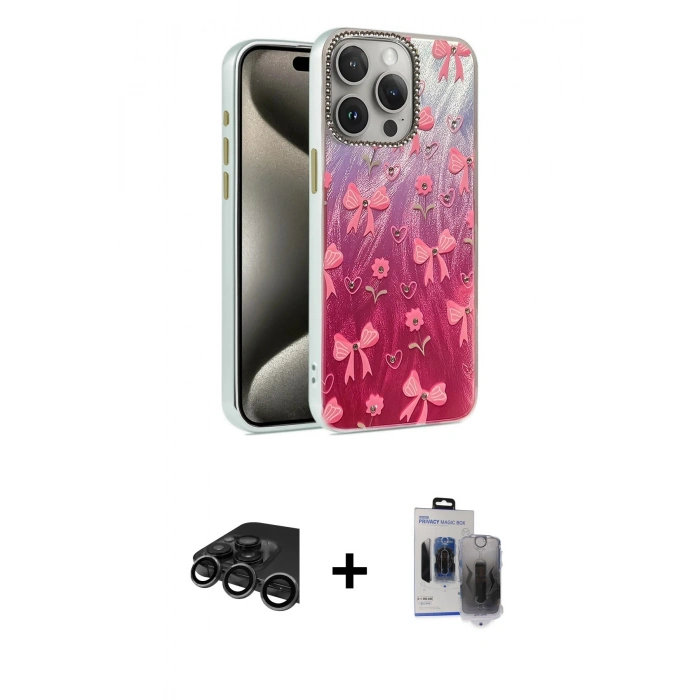 MARSİLYAN™- iPhone 15 Pro Max Kılıf Zirve Modern Prime - Siyah Vanessa Magic Hayalet Cam + Raze Metal Kamera Lens - TMGI