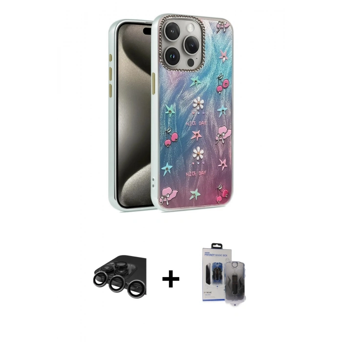 MARSİLYAN™- iPhone 15 Pro Max Kılıf Zirve Modern Prime - Siyah Vanessa Magic Hayalet Cam + Raze Metal Kamera Lens - TMGI
