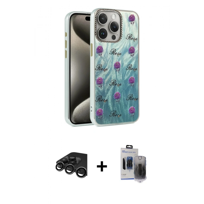MARSİLYAN™- iPhone 15 Pro Max Kılıf Zirve Modern Prime - Siyah Vanessa Magic Hayalet Cam + Raze Metal Kamera Lens - TMGI