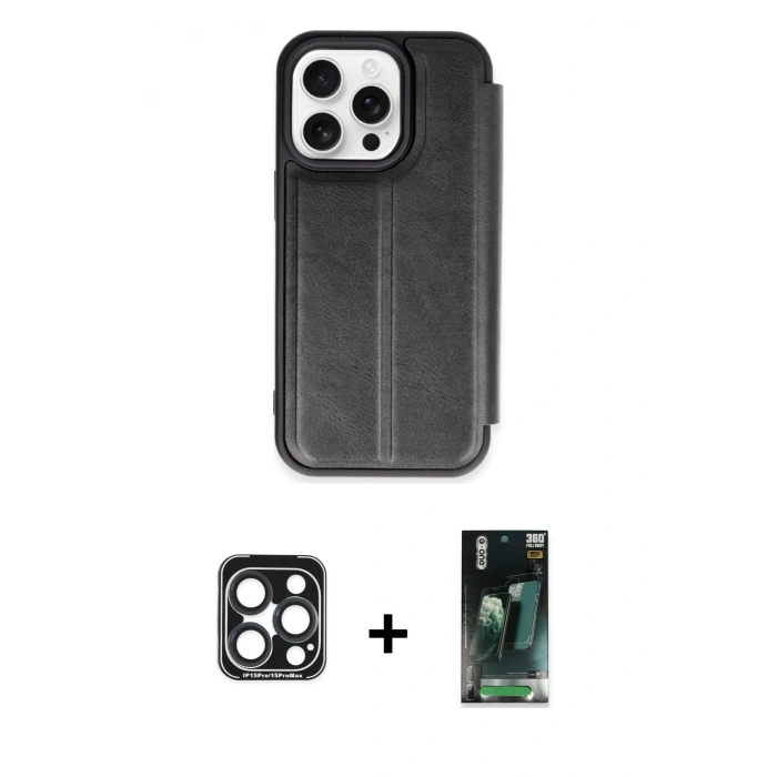 MARSİLYAN™- iPhone 15 Pro Max Kılıf Zirve Yansıma Serisi - Siyah 360 Mat Full Body Arka Koruyucu + PVD Metal Kamera Lens - LT