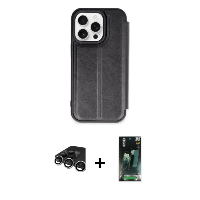 MARSİLYAN™- iPhone 15 Pro Max Kılıf Zirve Yansıma Serisi - Siyah 360 Mat Full Body Arka Koruyucu + Raze Metal Kamera Lens - GS