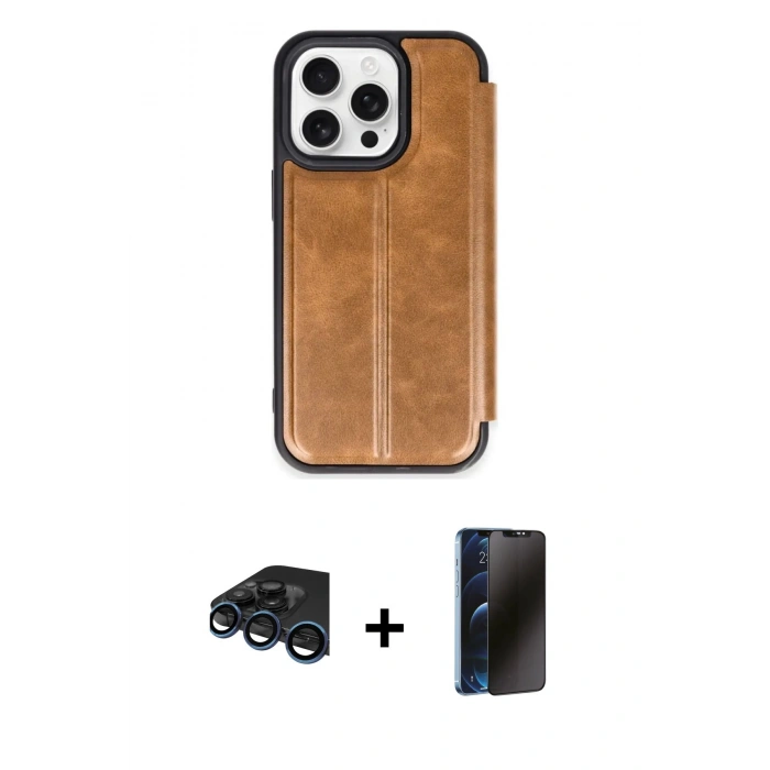 MARSİLYAN™- iPhone 15 Pro Max Kılıf Zirve Yansıma Serisi - Siyah 3D Antistatik Hayalet Cam Ekran Koruyucu + Raze Metal Kamera Lens - LT