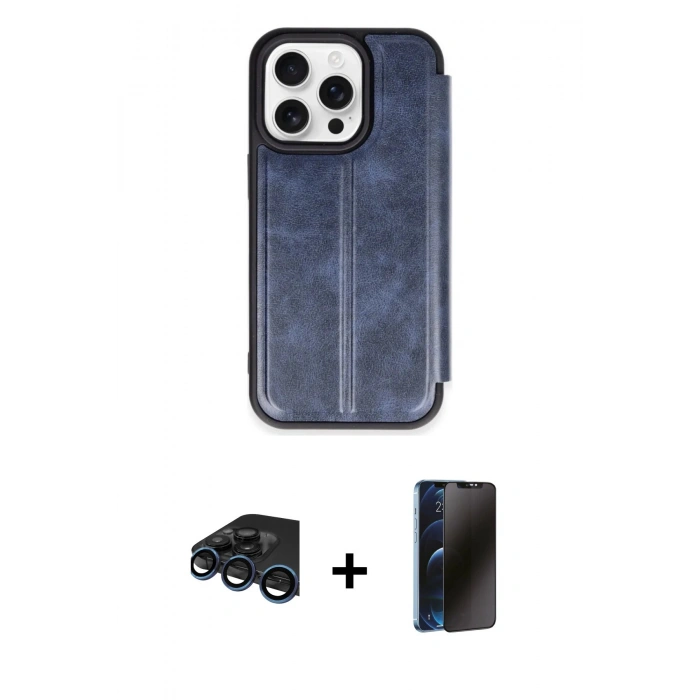 MARSİLYAN™- iPhone 15 Pro Max Kılıf Zirve Yansıma Serisi - Siyah 3D Antistatik Hayalet Cam Ekran Koruyucu + Raze Metal Kamera Lens - LT
