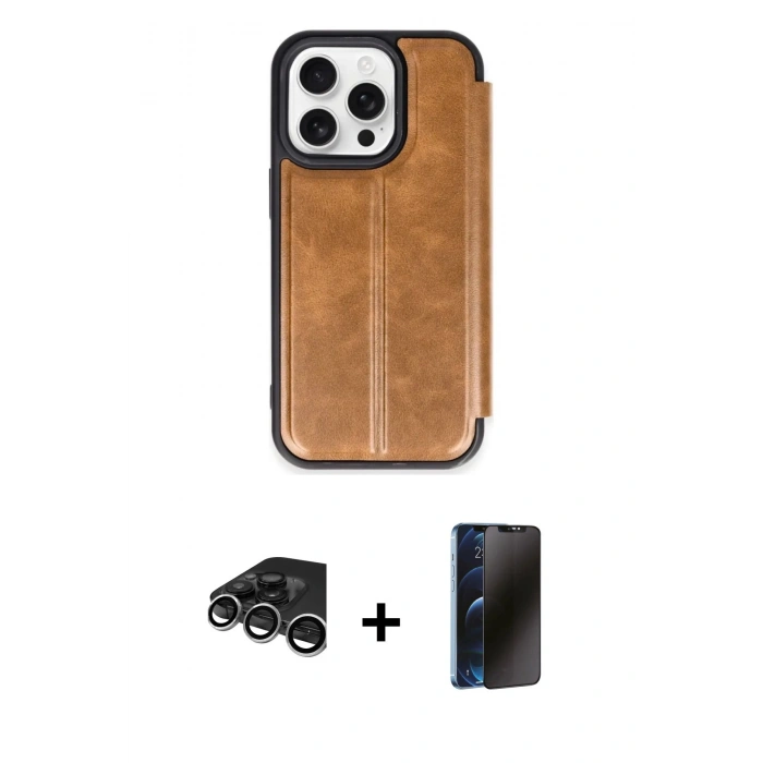 MARSİLYAN™- iPhone 15 Pro Max Kılıf Zirve Yansıma Serisi - Siyah 3D Antistatik Hayalet Cam Ekran Koruyucu + Raze Metal Kamera Lens - GS