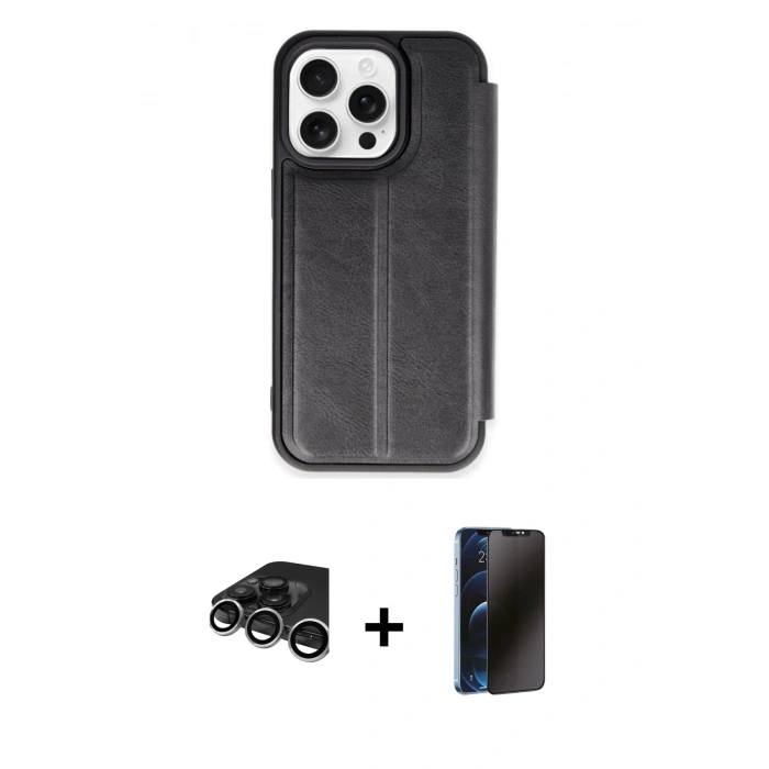 MARSİLYAN™- iPhone 15 Pro Max Kılıf Zirve Yansıma Serisi - Siyah 3D Antistatik Hayalet Cam Ekran Koruyucu + Raze Metal Kamera Lens - GS