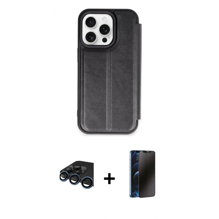 MARSİLYAN™- iPhone 15 Pro Max Kılıf Zirve Yansıma Serisi - Siyah 3D Antistatik Hayalet Cam Ekran Koruyucu + Raze Metal Kamera Lens - LT