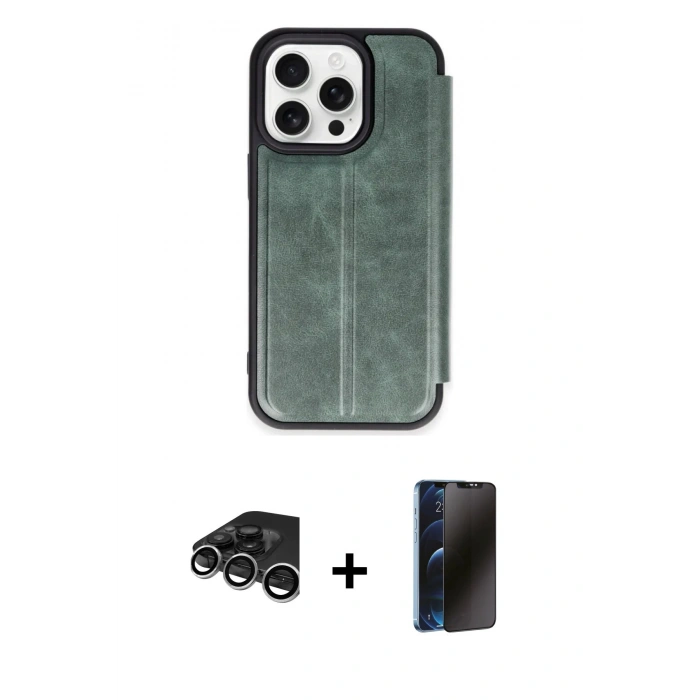 MARSİLYAN™- iPhone 15 Pro Max Kılıf Zirve Yansıma Serisi - Siyah 3D Antistatik Hayalet Cam Ekran Koruyucu + Raze Metal Kamera Lens - GS