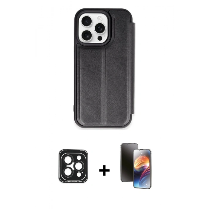 MARSİLYAN™- iPhone 15 Pro Max Kılıf Zirve Yansıma Serisi - Siyah 3D Antistatik Mat Seramik Nano Ekran Koruyucu + Siyah PVD Metal Kamera Lens