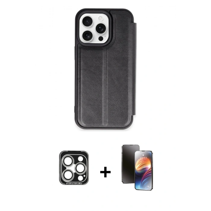 MARSİLYAN™- iPhone 15 Pro Max Kılıf Zirve Yansıma Serisi - Siyah 3D Antistatik Mat Seramik Nano Ekran Koruyucu + PVD Metal Kamera Lens - GS