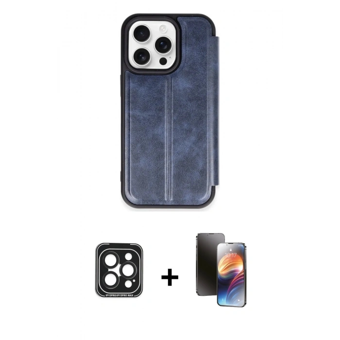 MARSİLYAN™- iPhone 15 Pro Max Kılıf Zirve Yansıma Serisi - Siyah 3D Antistatik Mat Seramik Nano Ekran Koruyucu + Siyah PVD Metal Kamera Lens