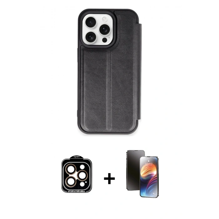 MARSİLYAN™- iPhone 15 Pro Max Kılıf Zirve Yansıma Serisi - Siyah 3D Antistatik Mat Seramik Nano Ekran Koruyucu + PVD Metal Kamera Lens - TU