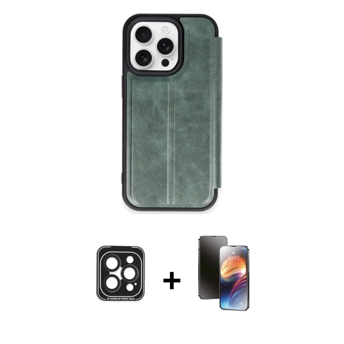 MARSİLYAN™- iPhone 15 Pro Max Kılıf Zirve Yansıma Serisi - Siyah 3D Antistatik Mat Seramik Nano Ekran Koruyucu + Siyah PVD Metal Kamera Lens