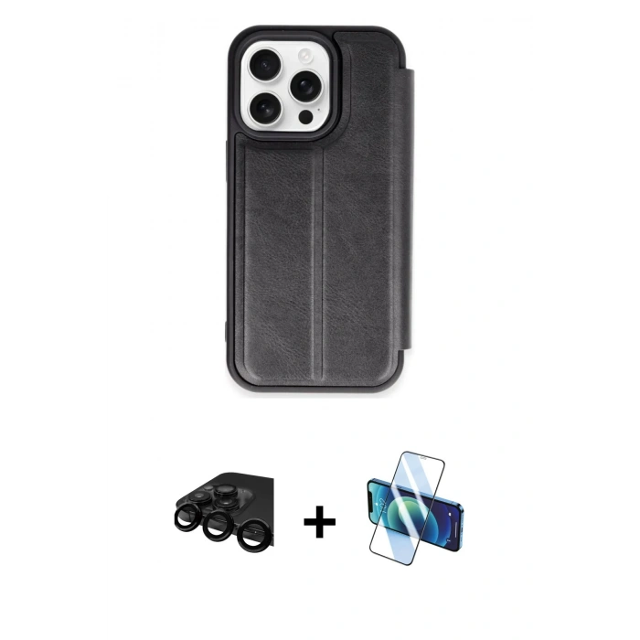MARSİLYAN™- iPhone 15 Pro Max Kılıf Zirve Yansıma Serisi - Siyah 3D Antistatik Seramik Nano Ekran Koruyucu + Raze Metal Kamera Lens - SH