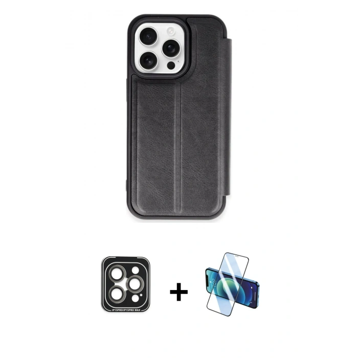 MARSİLYAN™- iPhone 15 Pro Max Kılıf Zirve Yansıma Serisi - Siyah 3D Antistatik Seramik Nano Ekran Koruyucu + PVD Metal Kamera Lens - GI