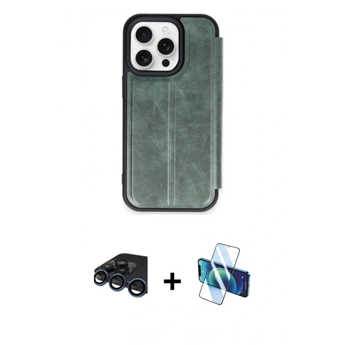 MARSİLYAN™- iPhone 15 Pro Max Kılıf Zirve Yansıma Serisi - Siyah 3D Antistatik Seramik Nano Ekran Koruyucu + Lacivert Raze Metal Kamera Lens