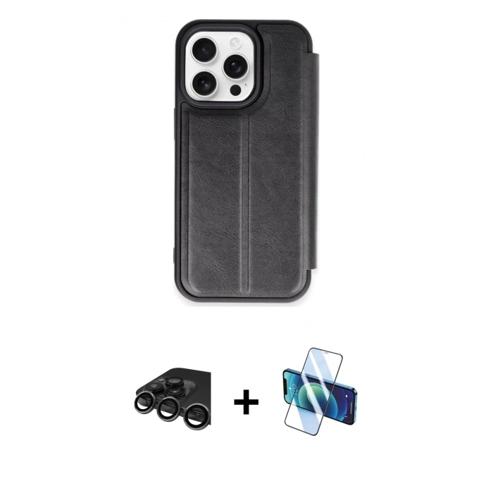 MARSİLYAN™- iPhone 15 Pro Max Kılıf Zirve Yansıma Serisi - Siyah 3D Antistatik Seramik Nano Ekran Koruyucu + Raze Metal Kamera Lens - TMGI