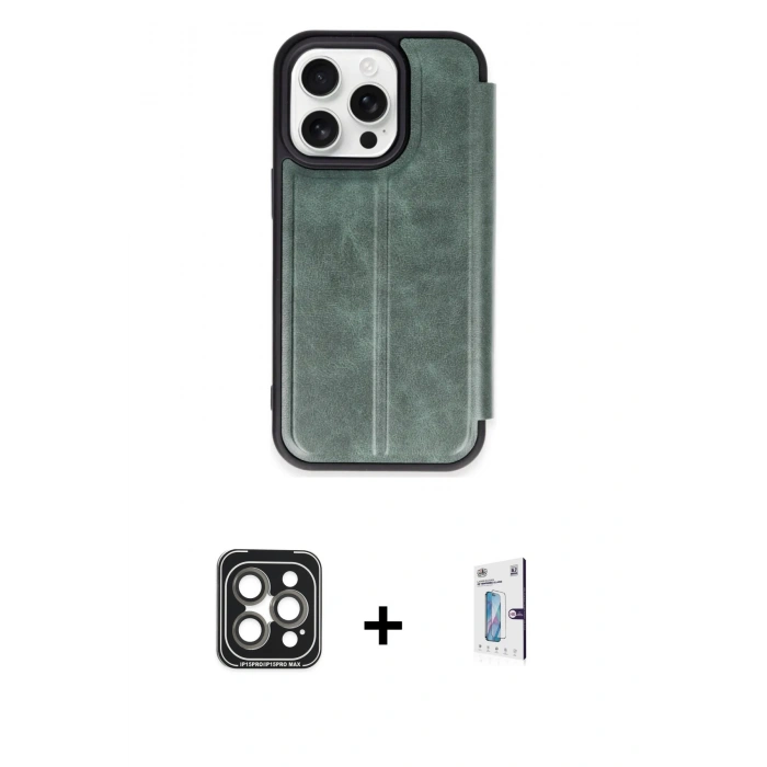 MARSİLYAN™- iPhone 15 Pro Max Kılıf Zirve Yansıma Serisi - Siyah Bilvis 0.18mm Plus Cam Ekran Koruyucu + PVD Metal Kamera Lens - GI
