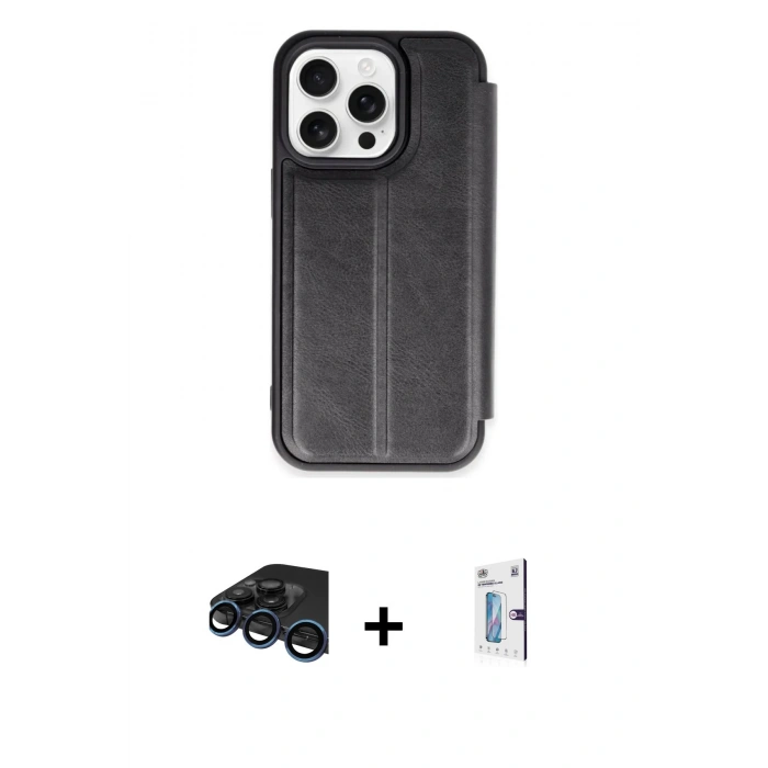 MARSİLYAN™- iPhone 15 Pro Max Kılıf Zirve Yansıma Serisi - Siyah Bilvis 0.18mm Plus Cam Ekran Koruyucu + Raze Metal Kamera Lens - LT