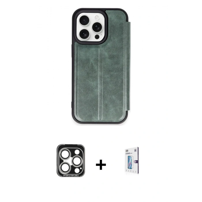 MARSİLYAN™- iPhone 15 Pro Max Kılıf Zirve Yansıma Serisi - Siyah Bilvis 0.18mm Plus Cam Ekran Koruyucu + PVD Metal Kamera Lens - GS