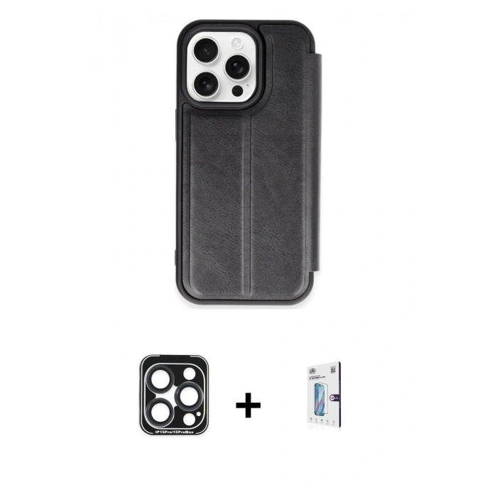 MARSİLYAN™- iPhone 15 Pro Max Kılıf Zirve Yansıma Serisi - Siyah Bilvis 0.18mm Plus Cam Ekran Koruyucu + PVD Metal Kamera Lens - LT