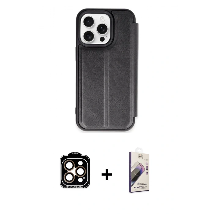 MARSİLYAN™- iPhone 15 Pro Max Kılıf Zirve Yansıma Serisi - Siyah Bilvis 3D Mat Cam Ekran Koruyucu + PVD Metal Kamera Lens - TU