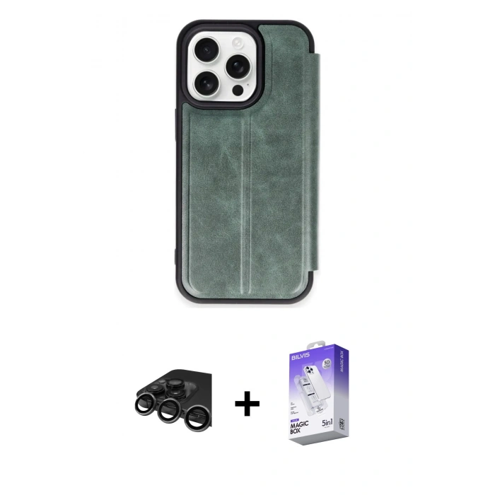 MARSİLYAN™- iPhone 15 Pro Max Kılıf Zirve Yansıma Serisi - Siyah Bilvis 5in1 3D Magic Cam Ekran Koruyucu + Raze Metal Kamera Lens - TMGI