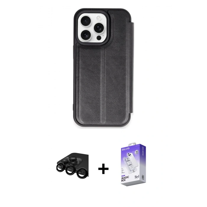 MARSİLYAN™- iPhone 15 Pro Max Kılıf Zirve Yansıma Serisi - Siyah Bilvis 5in1 3D Magic Cam Ekran Koruyucu + Raze Metal Kamera Lens - SH