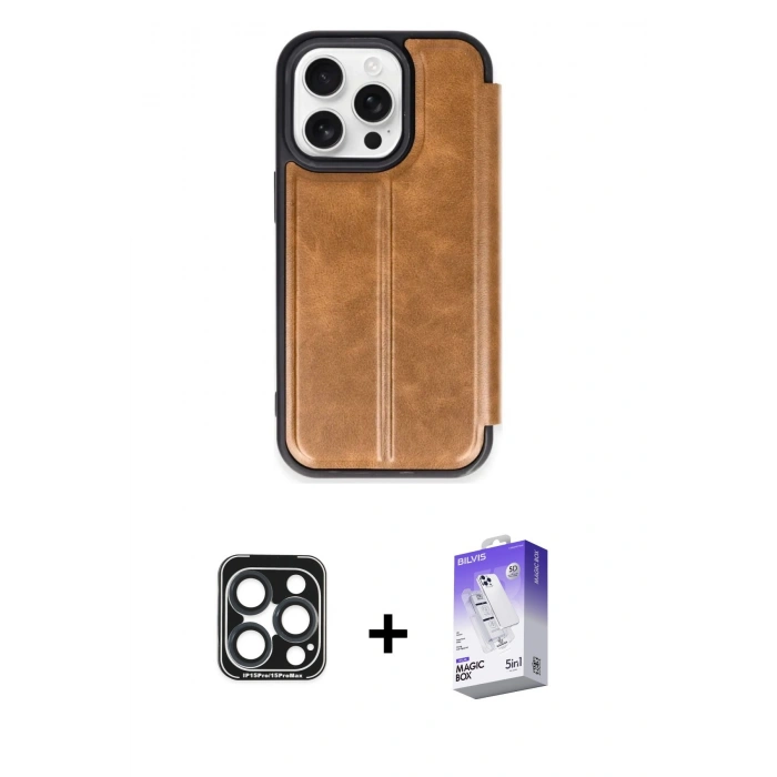 MARSİLYAN™- iPhone 15 Pro Max Kılıf Zirve Yansıma Serisi - Siyah Bilvis 5in1 3D Magic Cam Ekran Koruyucu + PVD Metal Kamera Lens - LT
