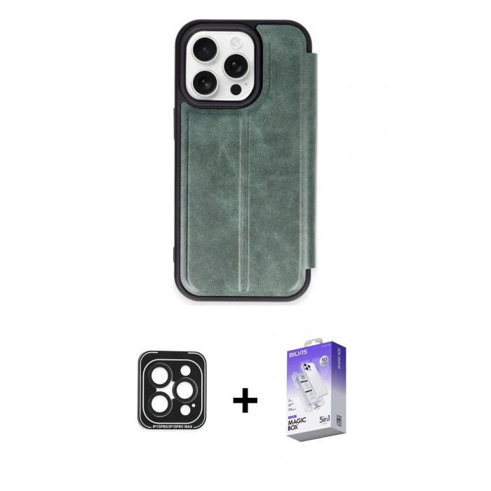 MARSİLYAN™- iPhone 15 Pro Max Kılıf Zirve Yansıma Serisi - Siyah Bilvis 5in1 3D Magic Cam Ekran Koruyucu + PVD Metal Kamera Lens - SH