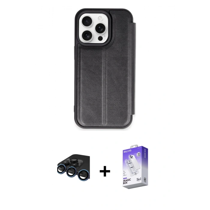 MARSİLYAN™- iPhone 15 Pro Max Kılıf Zirve Yansıma Serisi - Siyah Bilvis 5in1 3D Magic Cam Ekran Koruyucu + Raze Metal Kamera Lens - LT