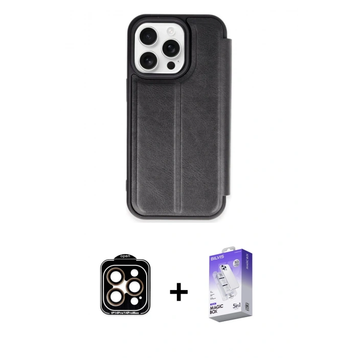 MARSİLYAN™- iPhone 15 Pro Max Kılıf Zirve Yansıma Serisi - Siyah Bilvis 5in1 3D Magic Cam Ekran Koruyucu + PVD Metal Kamera Lens - TU