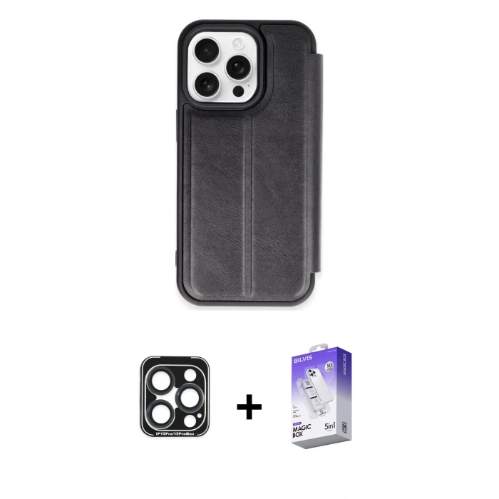 MARSİLYAN™- iPhone 15 Pro Max Kılıf Zirve Yansıma Serisi - Siyah Bilvis 5in1 3D Magic Cam Ekran Koruyucu + PVD Metal Kamera Lens - LT