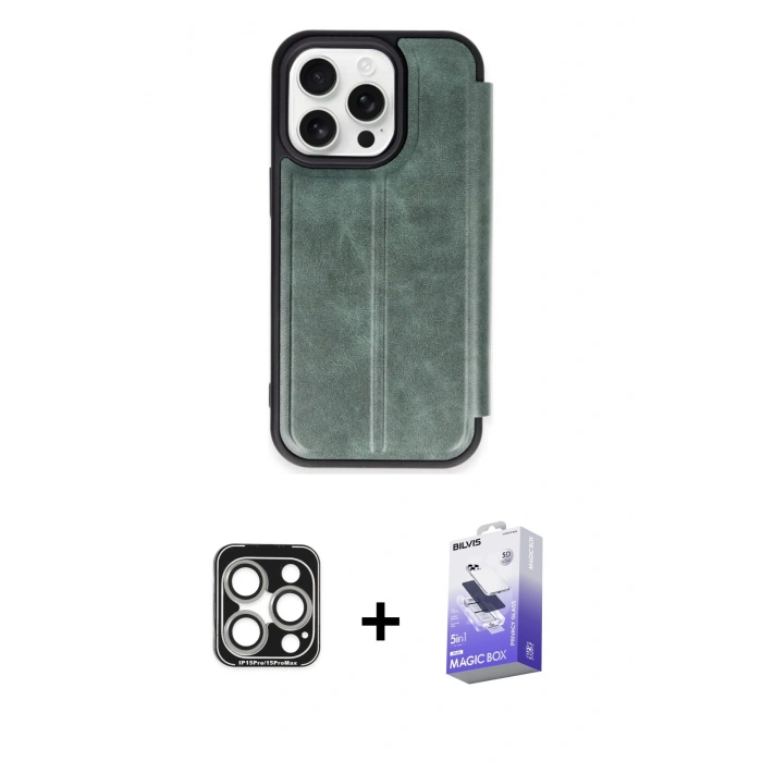 MARSİLYAN™- iPhone 15 Pro Max Kılıf Zirve Yansıma Serisi - Siyah Bilvis 5in1 5D Magic Hayalet Cam Ekran Koruyucu + PVD Metal Kamera Lens - GS