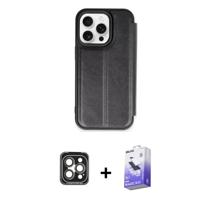 MARSİLYAN™- iPhone 15 Pro Max Kılıf Zirve Yansıma Serisi - Siyah Bilvis 5in1 5D Magic Hayalet Cam Ekran Koruyucu + PVD Metal Kamera Lens - GI