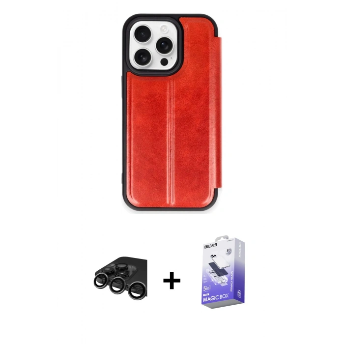 MARSİLYAN™- iPhone 15 Pro Max Kılıf Zirve Yansıma Serisi - Siyah Bilvis 5in1 5D Magic Hayalet Cam Ekran Koruyucu + Titanyum Gri Raze Metal Kamera Lens