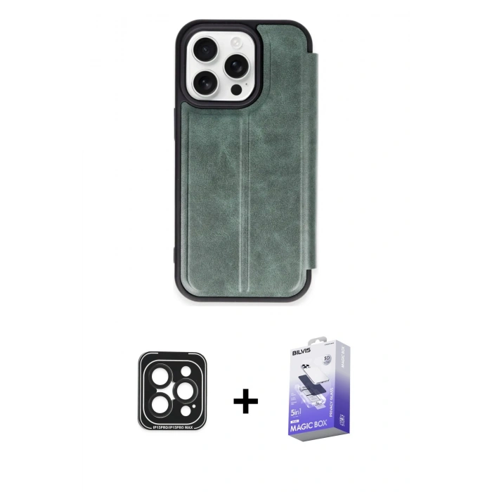 MARSİLYAN™- iPhone 15 Pro Max Kılıf Zirve Yansıma Serisi - Siyah Bilvis 5in1 5D Magic Hayalet Cam Ekran Koruyucu + PVD Metal Kamera Lens - SH