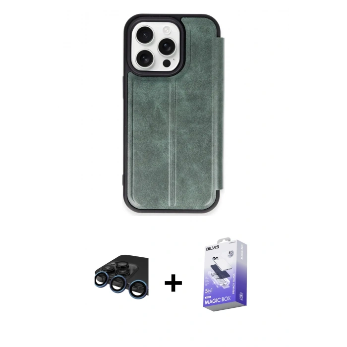 MARSİLYAN™- iPhone 15 Pro Max Kılıf Zirve Yansıma Serisi - Siyah Bilvis 5in1 5D Magic Hayalet Cam Ekran Koruyucu + Raze Metal Kamera Lens - LT