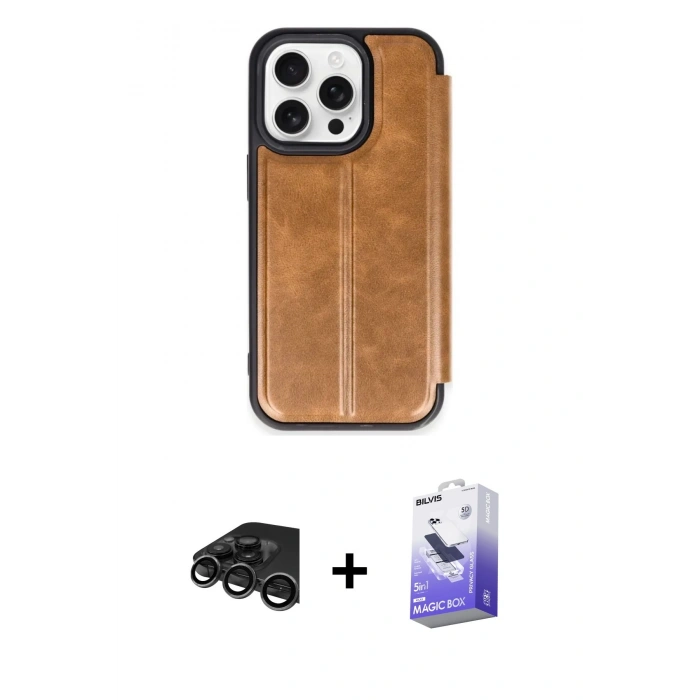 MARSİLYAN™- iPhone 15 Pro Max Kılıf Zirve Yansıma Serisi - Siyah Bilvis 5in1 5D Magic Hayalet Cam Ekran Koruyucu + Titanyum Gri Raze Metal Kamera Lens