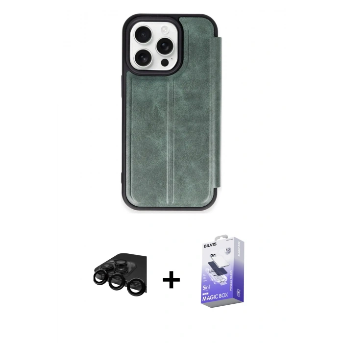 MARSİLYAN™- iPhone 15 Pro Max Kılıf Zirve Yansıma Serisi - Siyah Bilvis 5in1 5D Magic Hayalet Cam Ekran Koruyucu + Raze Metal Kamera Lens - SH