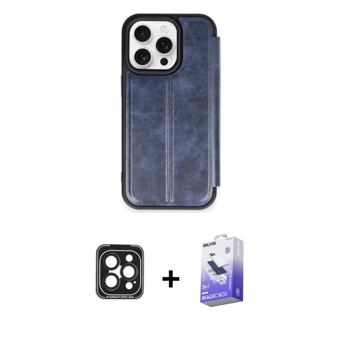 MARSİLYAN™- iPhone 15 Pro Max Kılıf Zirve Yansıma Serisi - Siyah Bilvis 5in1 5D Magic Hayalet Cam Ekran Koruyucu + PVD Metal Kamera Lens - SH
