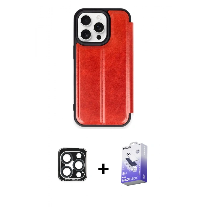MARSİLYAN™- iPhone 15 Pro Max Kılıf Zirve Yansıma Serisi - Siyah Bilvis 5in1 5D Magic Hayalet Cam Ekran Koruyucu + PVD Metal Kamera Lens - LT