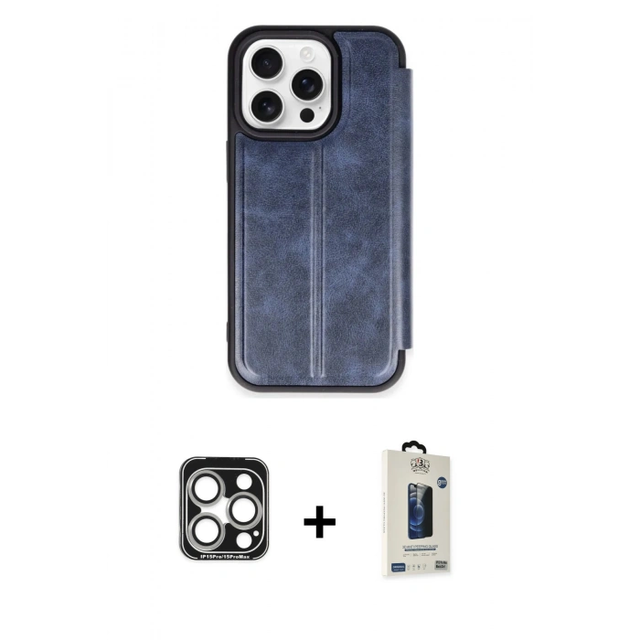 MARSİLYAN™- iPhone 15 Pro Max Kılıf Zirve Yansıma Serisi - Siyah Bilvis Hayalet Cam Ekran Koruyucu + PVD Metal Kamera Lens - GS