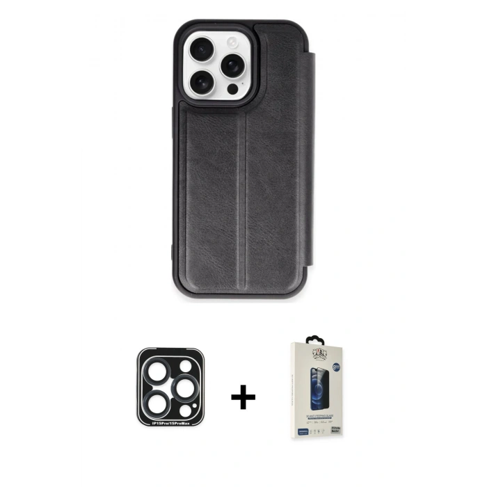 MARSİLYAN™- iPhone 15 Pro Max Kılıf Zirve Yansıma Serisi - Siyah Bilvis Hayalet Cam Ekran Koruyucu + PVD Metal Kamera Lens - LT