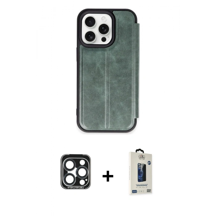 MARSİLYAN™- iPhone 15 Pro Max Kılıf Zirve Yansıma Serisi - Siyah Bilvis Hayalet Cam Ekran Koruyucu + PVD Metal Kamera Lens - LT