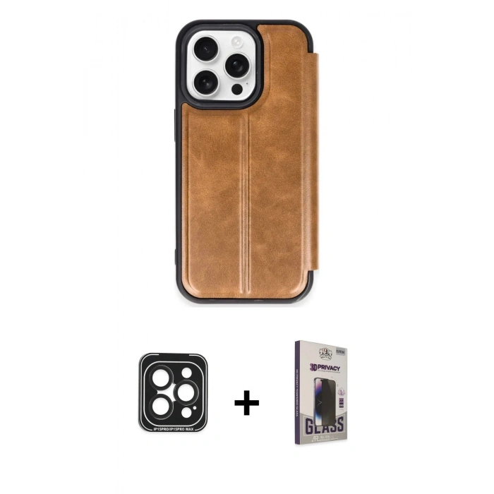 MARSİLYAN™- iPhone 15 Pro Max Kılıf Zirve Yansıma Serisi - Siyah Bilvis Hayalet Cam Ekran Koruyucu + PVD Metal Kamera Lens - SH